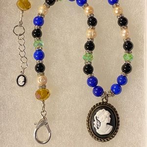 SARAH CAMEO Necklace Handmade, New, Lapis, Pearl, Onyx, Artisan Glass, & Silver